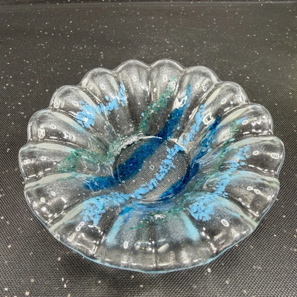 Artisan Fused Glass Scalloped Bowl Blue Teal Striped Coastal Decor Hand Made 5in